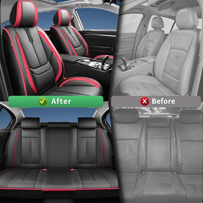 Fit Venza Car Seat Covers for Toyota Venza 2009-2024 2025 2026 -Upgraded Premium Waterproof & Breathable Leather,Airbag Compatible,All-Weather Seat Cushion Protector,Full Set,Black-Red