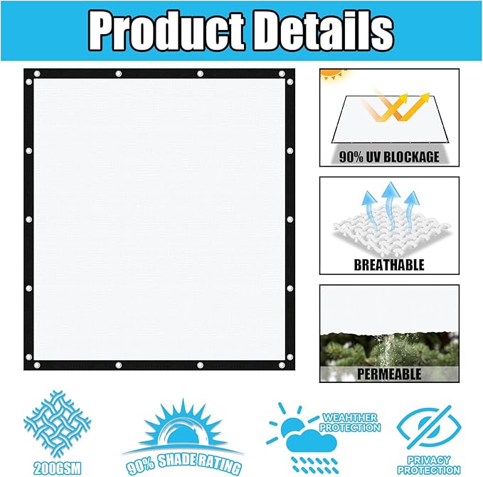 Amagenix 90% Pergola Shade Cover 10' X 12' Sun Shade Cloth with Grommets for Outdoor Garden Patio Porch, Commercial Grade 200 GSM - Cable Zip Ties Included (We Customized) GN108, White