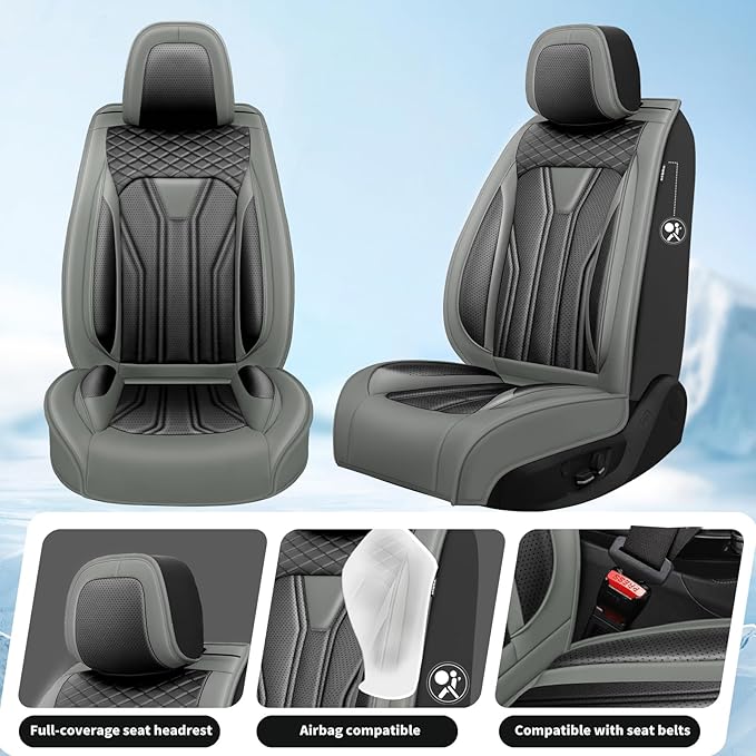Fit Juke Car Seat Covers Compatible with Nissan Juke 2012-2015 2016 - Premium Leather， Waterproof Breathable， All-Weather Seat Cushion Protecto&Airbag Compatible (2 Front Seat Gray&Black)