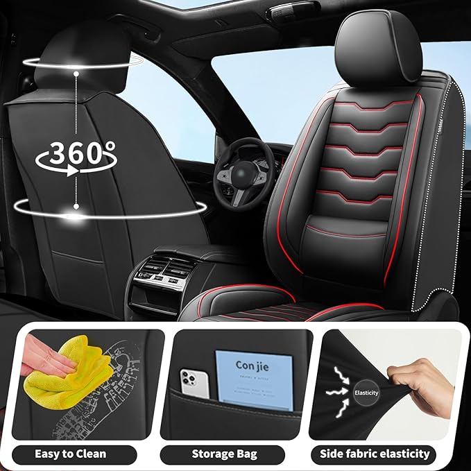 Fit Versa Car Seat Covers Compatible with Nissan Versa 2008-2025 2026 - Premium Leather，Waterproof Breathable，All-Weather Seat Cushion Protecto&Airbag Compatible (2 Front Seat Red Line Black)