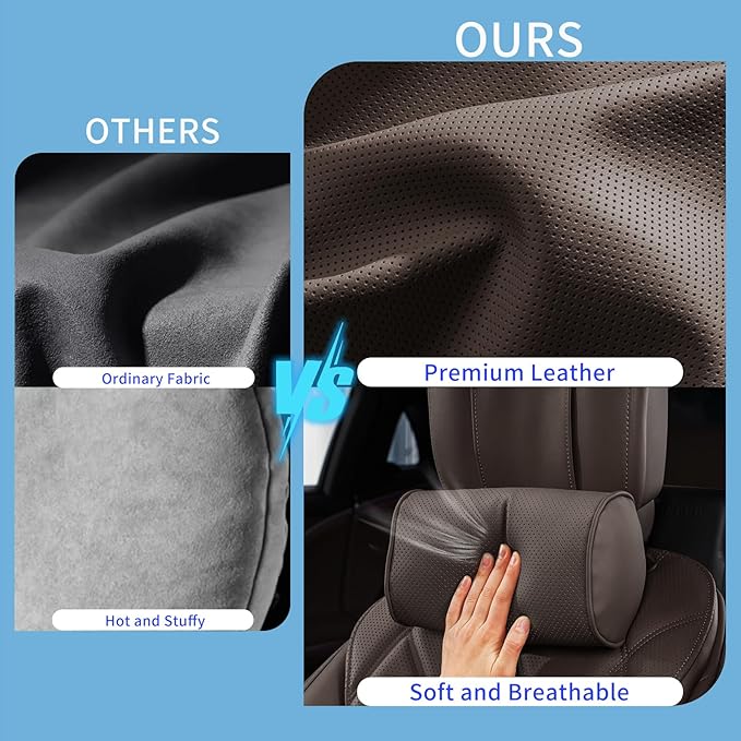 Car Headrest Pillow for Driving - Luxury Leather 100% Memory Foam, Ergonomic Neck Support - Universal Fit Head Rest Travel Pillow for Most Cars, Home & Office, Brown, 1 Pack