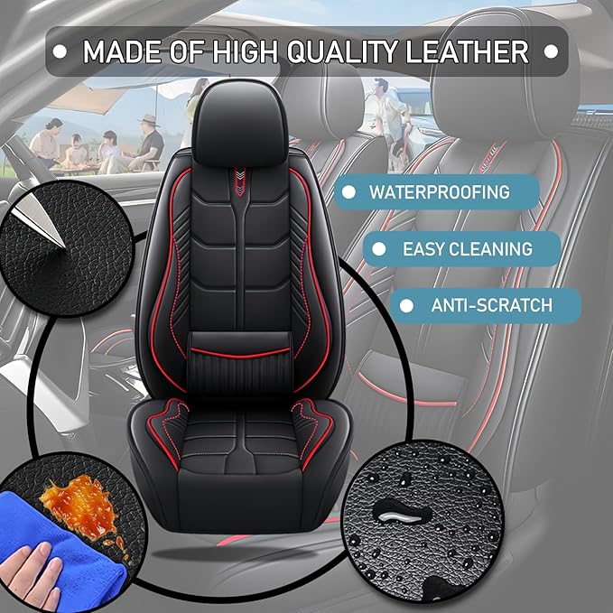Leather Car Seat Covers Fit for Toyota Prius Prime 2017-2024, 5 Seater Car Seat Cover, Premium Waterproof, Scratch Resistant Car Interior Accessories (Full Set Black Red)