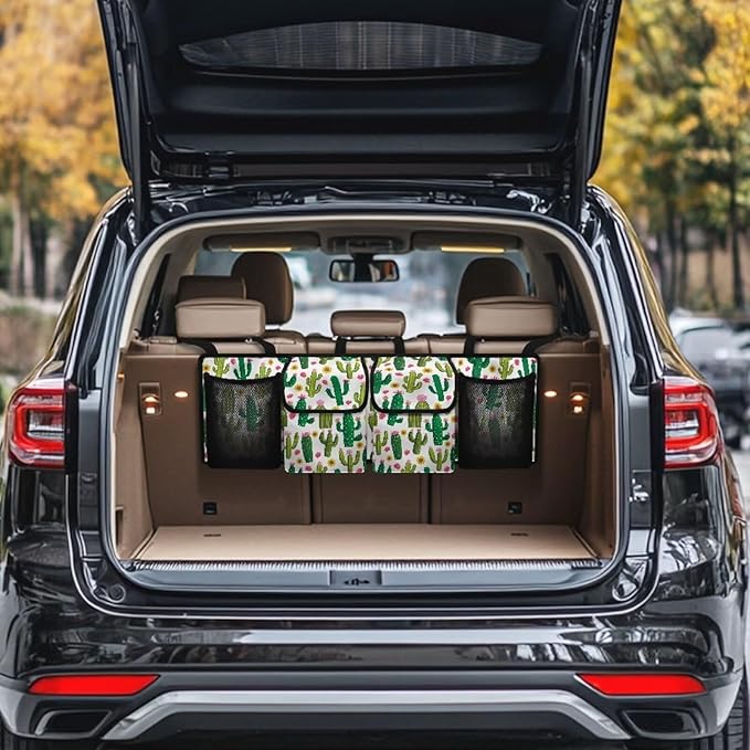 Cactus Car Hanging Trunk Organizer Cargo Storage Bag Car Interior Accessories with 2 Pockets & 2 Mesh Pouches for Groceries Universal for Most SUV Sedan Truck