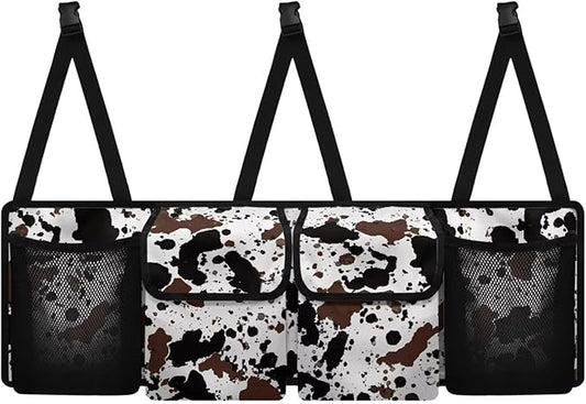Cow Print Car Organizers and Storage Trunk Backseat Hanging Cargo Storage Bag with 2 Large Net Pockets 2 Magnetic Cover Foldable Capacity Car SUV Organizer