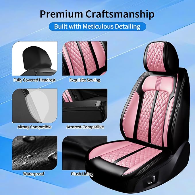 Fit Civic Car Seat Covers for Honda Civic 2020-2026 Sedan(Not for Coupe) - Premium Full Coverage Leather, Waterproof All Weather Breathable Seat Cushion Protector, Full Set, Black+Pink