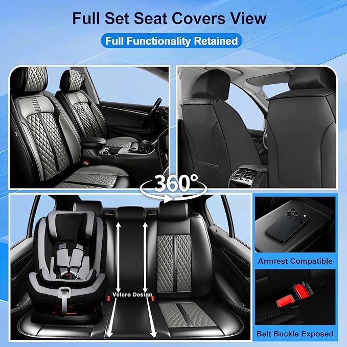 Fit Prologue Car Seat Covers for Select Honda Prologue 2024-2026 - Premium Full Coverage Leather, Airbag Compatible, Waterproof & All Weather Seat Cushion Protector, Full Set, Black+Gray