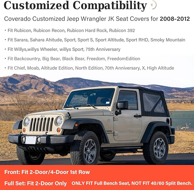Coverado Seat Covers Full Set for Jeep Wrangler, Waterproof Car Seat Covers for Automotive Truck Seat Covers Custom Fit for 2008-2012 Jeep Wrangler JK Seat Covers for Cars 2 Door(Red Line)