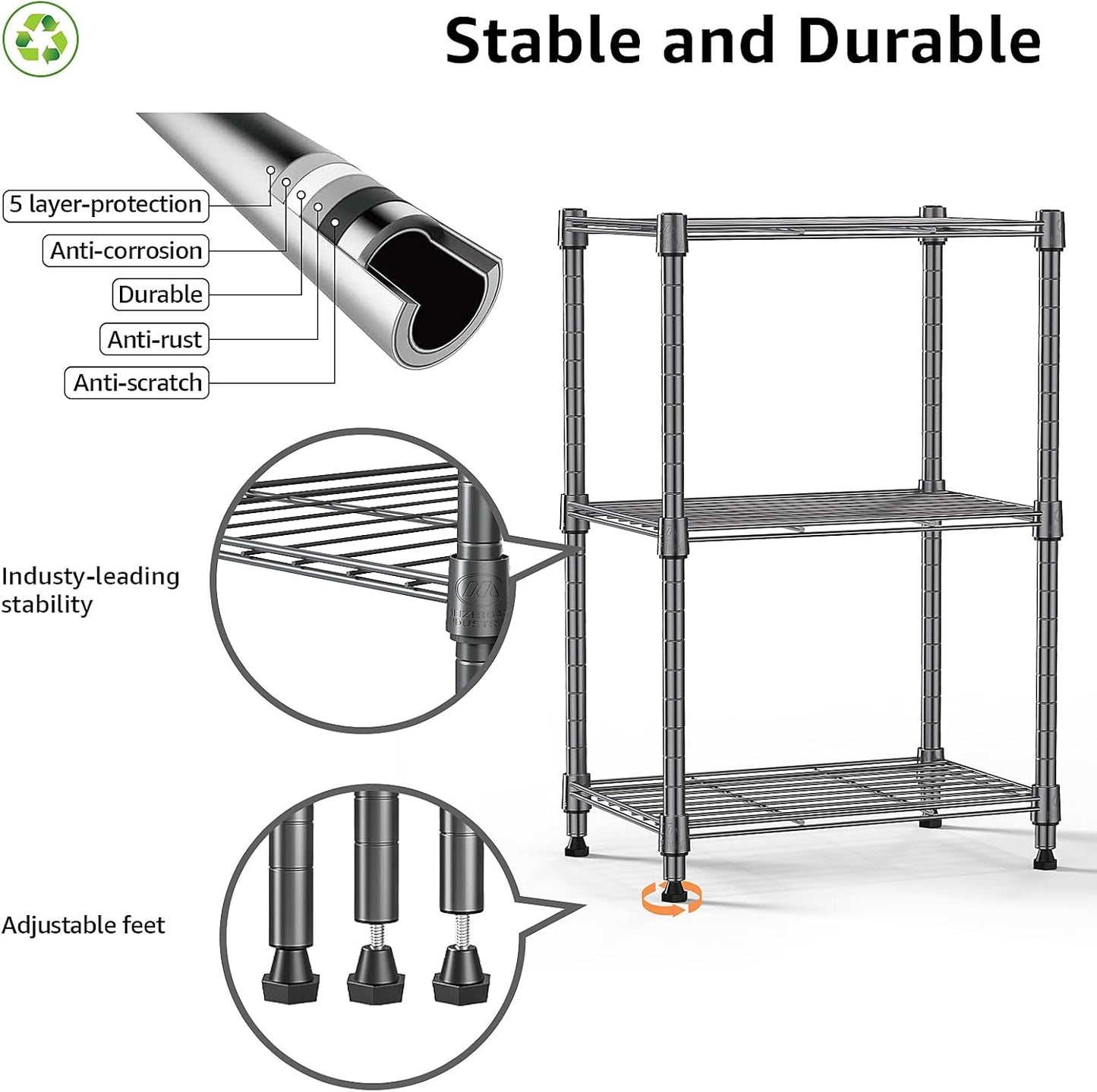 450 lbs Steel Storage Shelving 3-Tier Utility Shelving Unit Steel Organizer Wire Rack for Home,Kitchen,Office (11.8" D x 17.7" W x 26.3" H)