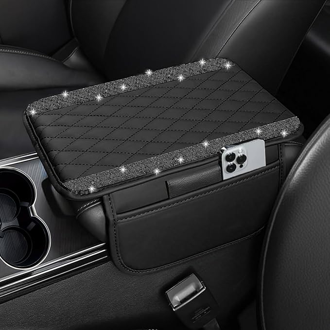 NBTEPEM Bling Car Center Console Cover, Leather Car Arm Rest Cover Cushion with 2 Storage Bags, Universal Automotive Armrest Protector Storage Box, Bling Accessories Interior for Most Vehicles (Black)