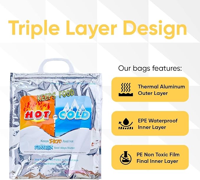 Superio Hot and Cold Insulated Bags for Food Delivery, Grocery Shopping Bags, Food Storage for Hot and Frozen Food for Travel, Disposable Cooler Bag, Reinforced Thermal Lunch Bag (3, 13"x7"x15.5")