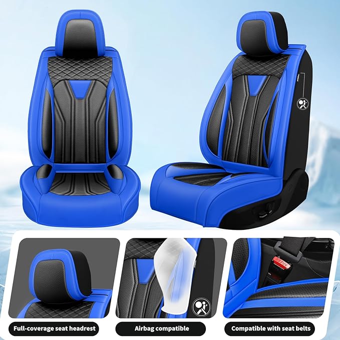 Fit Sentra Car Seat Covers Compatible with Nissan Sentra 2001-2025 2026 - Premium Leather， Waterproof Breathable， All-Weather Seat Cushion Protecto&Airbag Compatible (2 Front Seat Blue&Black)