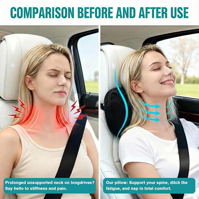 2PCS Car Pillow for Car Neck Pillow for Driving Seat Neck Support Soft Cushion Back Support Head-Rests for Vehicle Sleeping with Elastic Adjustment Strap (Grey, Head and Lumbar)