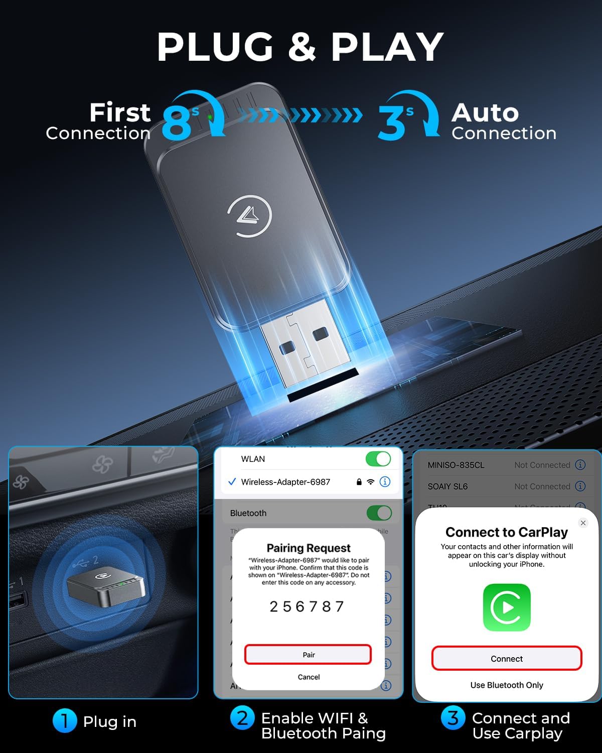 AuroraLink Wireless Carplay Adapter for Apple iPhone & Android Auto 2-in-1 Fast & Stable Carplay Wireless Adapter Convert Wired to Wireless Car Play Dongle for iOS 10+/Android 11+ (Grey)