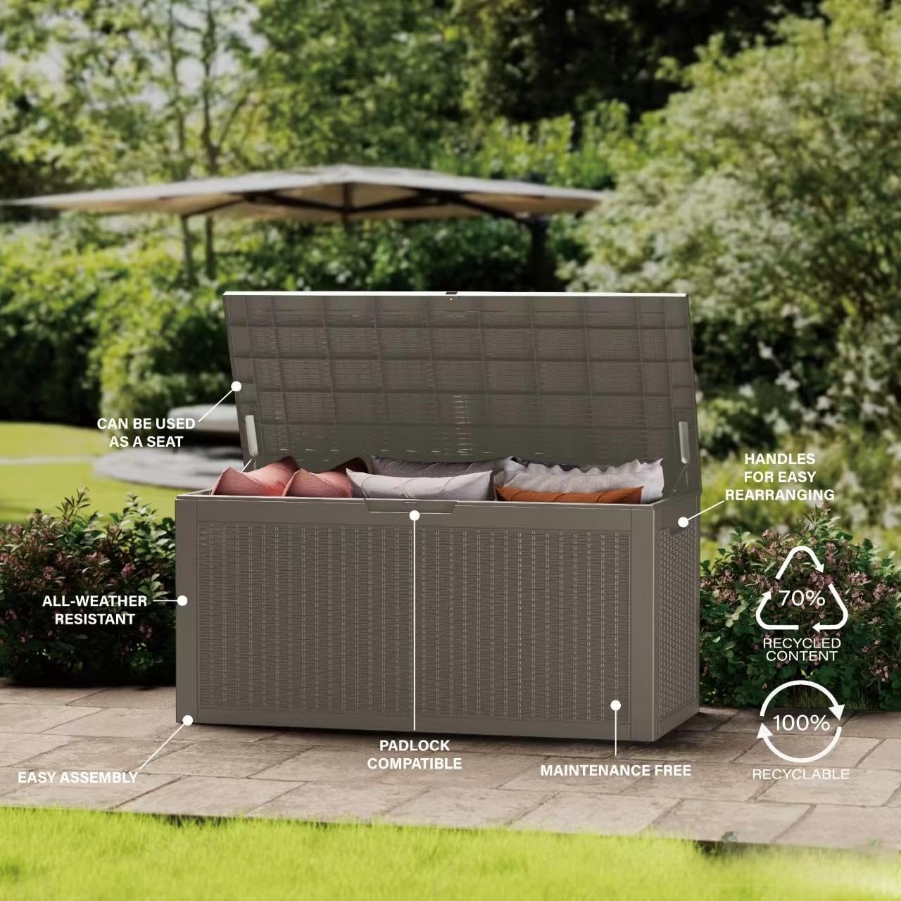 100 Gallon Lockable Resin Deck Box, Waterproof & UV-Resistant Outdoor Storage Box for Outdoor Cushion Storage, Garden Tools & Pool Accessories Storage, Gray