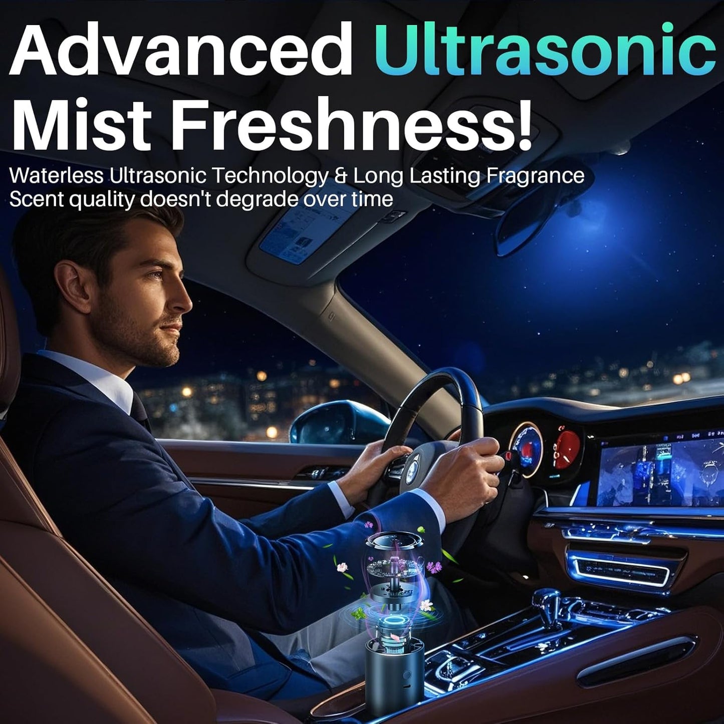 Smart Car Air Freshener Diffuser, Car Diffuser Air Fresheners Long Lasting with 100ml Capacity Essential Oil Last 6 Months, RGB Music Syncing Light, Auto On/Off, 5 Adjustable Car freshener, Cologne