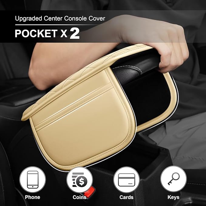 Upgraded Car Center Console Cover Fit for Corolla Faux Leather Car Armrest Cover Cushion with 2 Storage Bags,Car Armrest Storage Box Interior Accessories(Beige&Whiteline)
