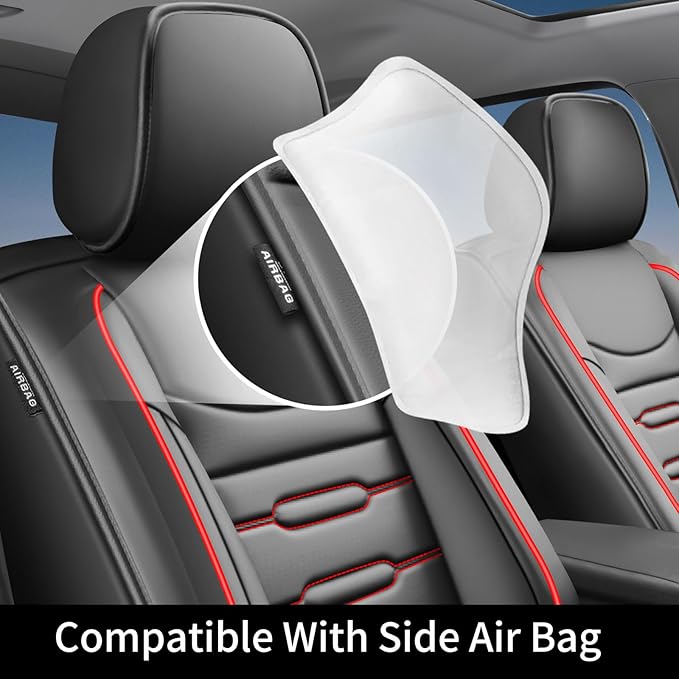 Fit Ridgeline Car Seat Covers for Honda Ridgeline 2007-2025 2026 - Upgraded Premium Waterproof & Breathable Leather, Airbag Compatible, All-Weather Seat Cushion Protector (Full Set, Black+Red)