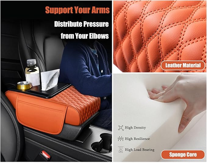 Car Armrest Center Console Cover for Audi Q3 2015–2025, Center Console Pad with Cup Holder, Multifunctional Armrest Cushion,F Orange