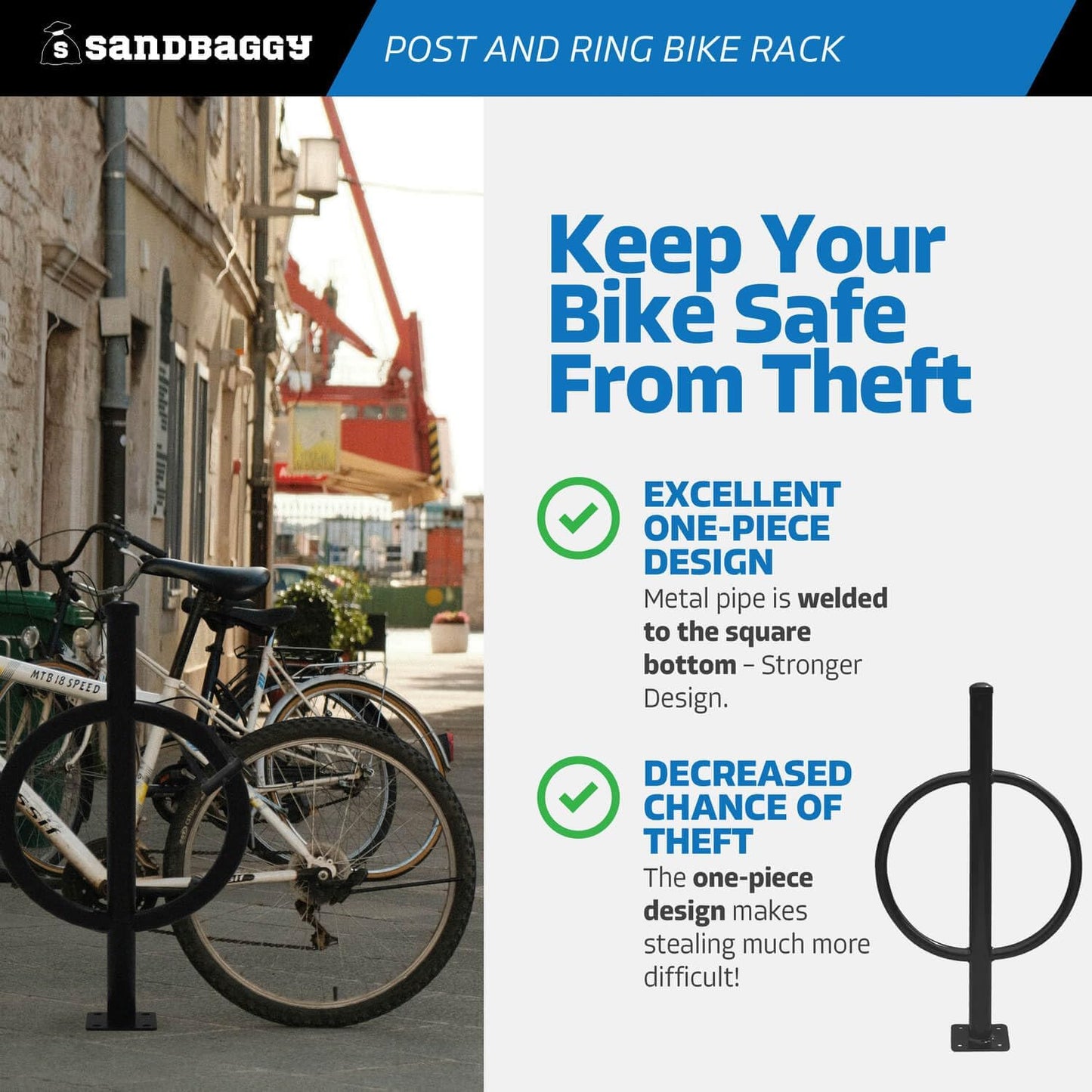 Sandbaggy Post and Ring Bike Rack - Commercial Bike Racks - Galvanized Steel - Anti-Theft Design - In Ground, Apartments, Sidewalks, Industrial (Blue, 20)