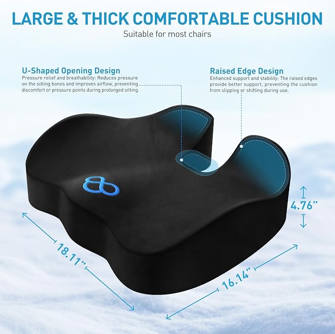 BlissTrends Seat Cushion,Thick Memory Foam Cushions for Office Chair, Car Seat, Airplane, Relieving Pressure Tailbone Sciatica Back Pain for Long Sitting Office Workers, Car Drivers 4.7in Thick Black