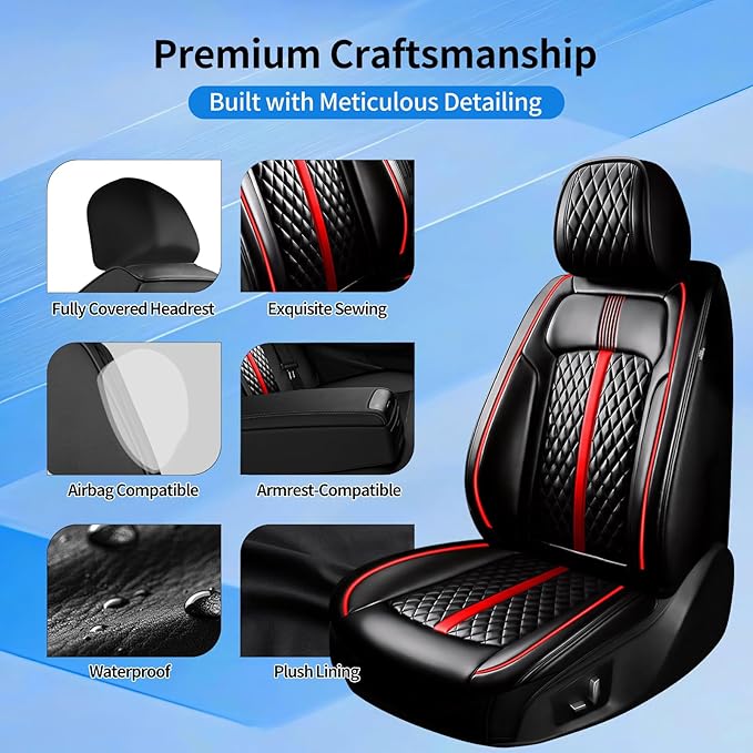 Fit Sonic Car Seat Covers for Select Chevrolet/Chevy Sonic 2012-2020 - Premium Full Coverage Leather, Airbag Compatible, Waterproof & All Weather Seat Cushion Protector, Full Set, Red Trim