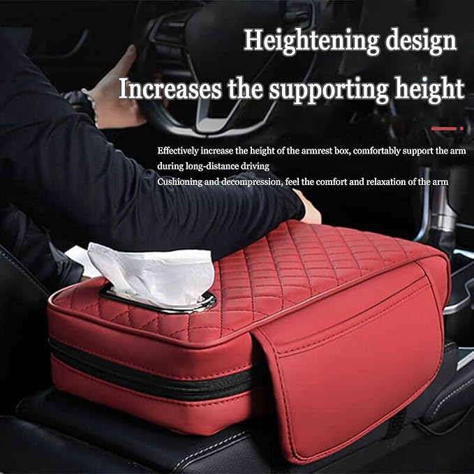 Car Center Console Cover for Toyota Highlander 3.Generation 2013-2020, Leather Car Arm Rest Cover, Car Armrest Cushion with 2 Storage Bags Car Center Console Armrest Pad, F Red