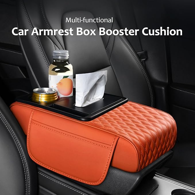 Car Center Console Armrest Pad, Arm Rest Box Cushion with Ergonomic Height Boost, Storage Pockets, Built-in Tissue Box, Cupholder, Fit for Most Sedan Vehicles (Embroidery Water Ripple, Beige)