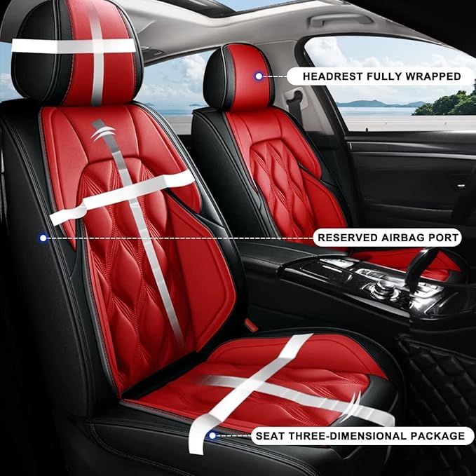 AOMSAZTO Front Seat Covers Fit for Hyundai Venue 2020-2026 Waterproof Faux Leather Car Seat Cover Compatible with Airbag(2PCS Front, Black&Red)