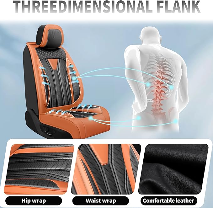 Fit Kicks Car Seat Covers， Compatible with Nissan Kicks 2018-2026 -Premium Leather, Waterproof Breathable All-Weather Seat Cushion Protector Airbag Compatible（2 Seats Front Pair，Orange & Black