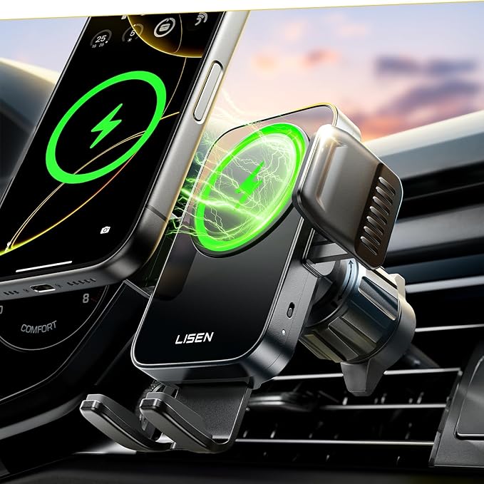 LISEN Wireless Car Charger, 15W Fast Charging Air Vent Phone Mount Car Phone Holder Charger [No Shake] Wireless Charging Mount for iPhone17 16 15 14 13 12Pro Max Samsung Galaxy Series All Smartphones