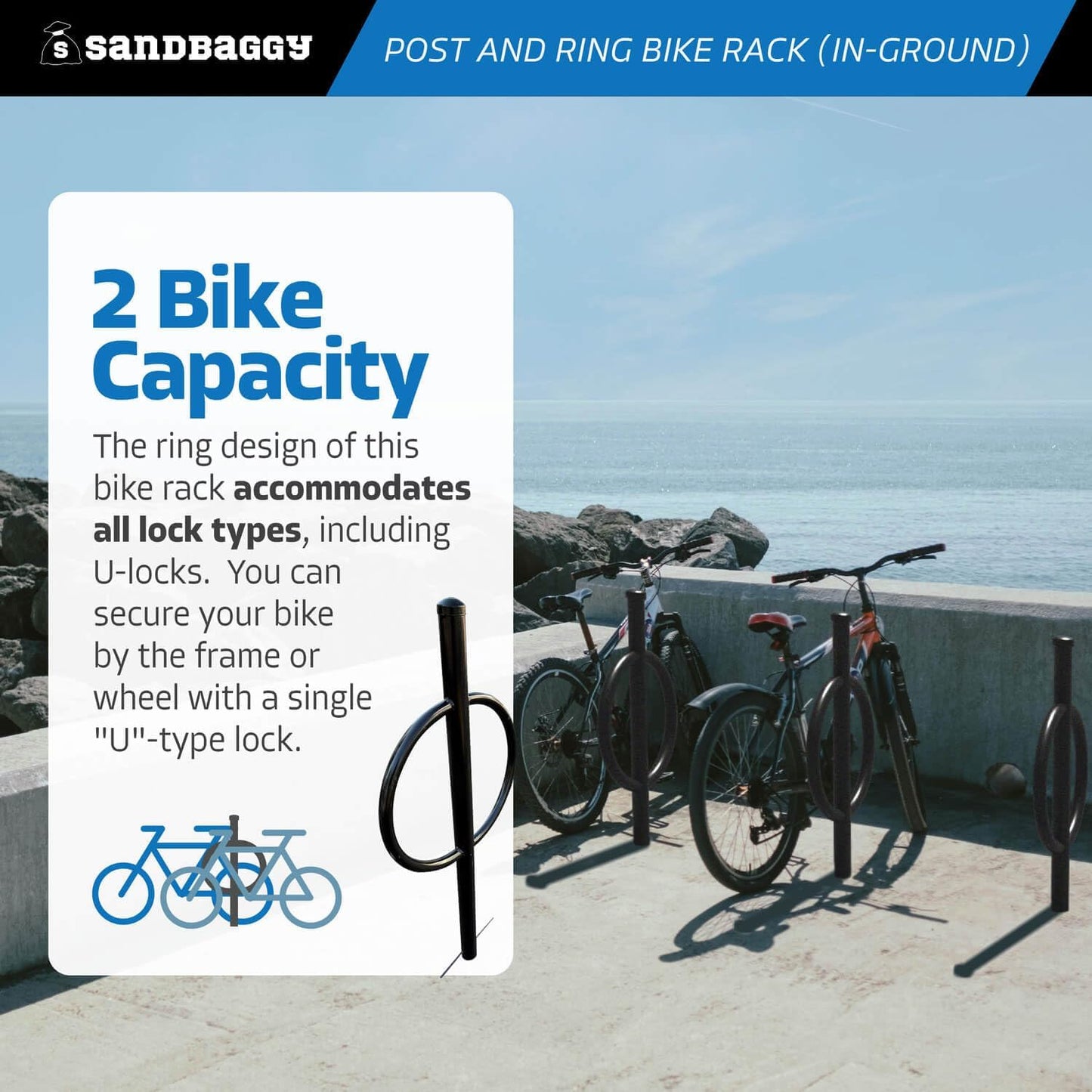 Sandbaggy Post and Ring Rack - In Ground - Commercial Outdoor Bike Parking & Storage Racks (Gray, 2)