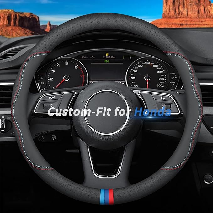 Custom-Fit Leather Car Steering Wheel Cover for Honda, C-Style, Non-Slip, Breathable