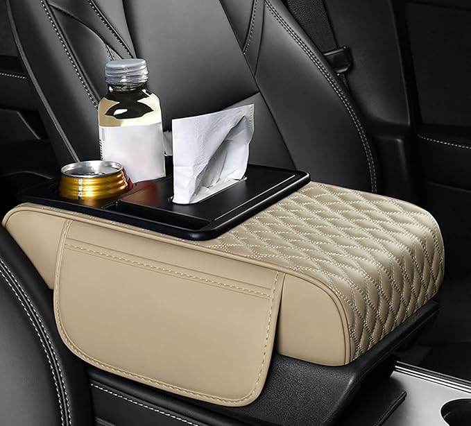 Car Armrest Center Console Cover for Hyundai Santa Fe 2000–2025, Center Console Pad with Cup Holder, Multifunctional Armrest Cushion,E Beige