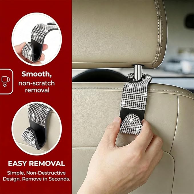 4PCS Bling Car Seat Headrest Hooks, Crystal Rhinestone Vehicle Back Seat Hanger Holder, Auto Interior Headrest Hanging Storage Organizer for Purse Handbag Coat, Universal Fit (Red)