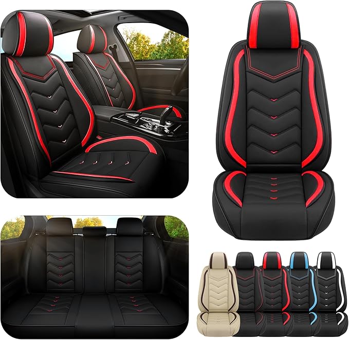 Car Seat Covers for KIA Sedona 2003-2021, Premium Nappa Leather Car Seat Cover, Stylish Sport Seat Covers， Automobile Seat Cover Sets.(Standard 5 Seats/Black Red)