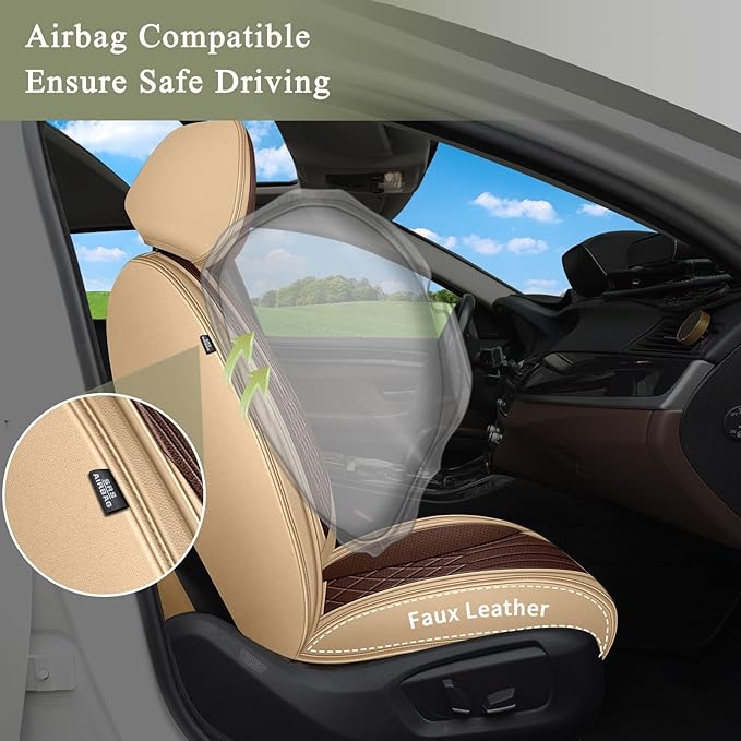 Breathable Car Seat Covers for Nissan Maxima 2026 2025 2024 2023 2022 2021 2020 2019 2018 2017 2016 2015 2014 2013 2012 2011, Perforated Leather Full Set, for Nissan Maxima Accessories (Beige&Brown)