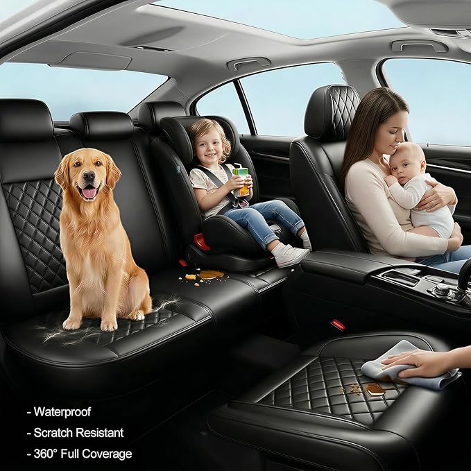 Santa Fe Seat Covers Custom Fit for Hyundai Santa Fe 2010-2026 (Only 5-Seat Version) - Full Set Premium Leather, Waterproof, All-Weather, Airbag Compatible, Only 2 Front seat Covers (Black)