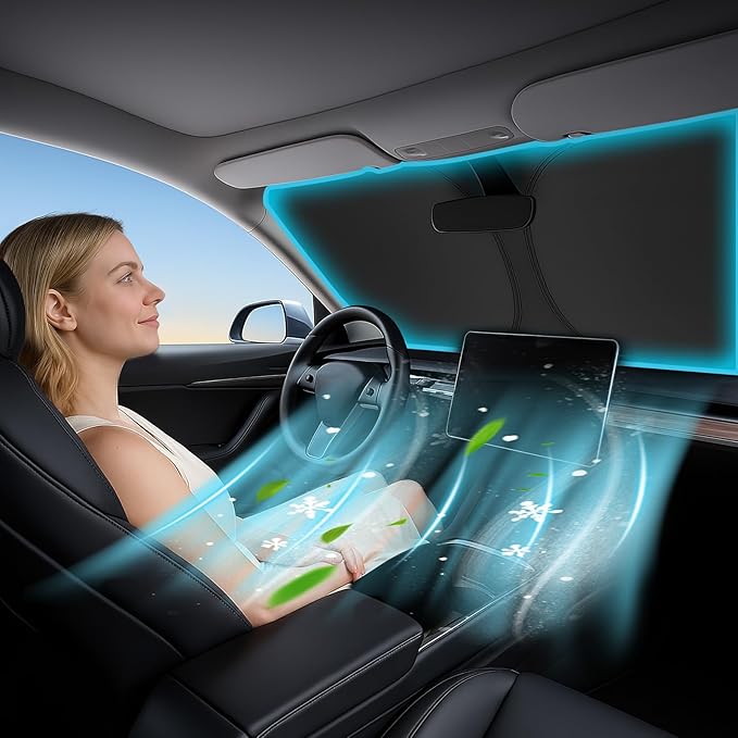 Windshield Sunshade for Toyota Tundra 2022 2023 2024 2025 2026 - Innovative No-Light-Pass Technology, Mirror Cut-Out, Blocks 99% UV Rays, Fade-Resistant, Easy-Fold Tundra Windshield Sun Shade