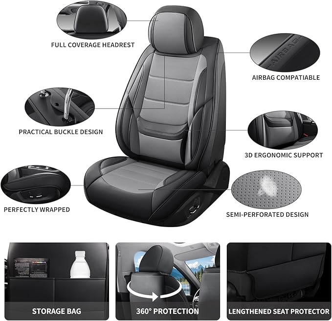 Car Seat Covers Full Set Custom Fit for Ford Focus 2000-2018 - Premium Faux Leather with Lumbar Support, Breathable, Anti-Slip & Full Wrapping Edge (Black&Gray,Full Set)