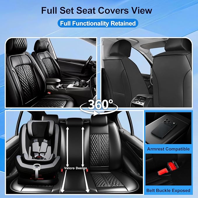 Car Seat Covers for Select Honda Fit 2007-2020, Premium Full Coverage Leather, Airbag Compatible & Scratch-Resistant, Waterproof & All Weather Breathable Seat Protector, Full Set, Black