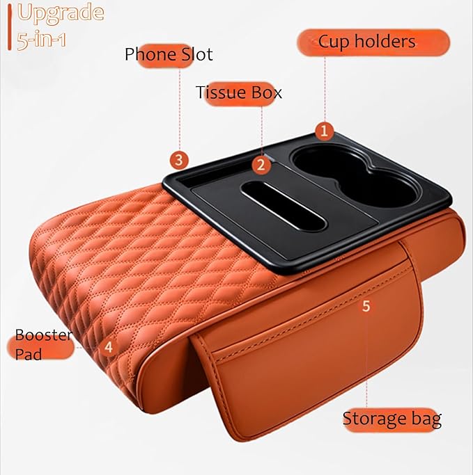 5-in-1 Car Armrest Pad Cushion, Water Ripple Embossed Center Console Booster Pad with Tissue Box, Cup Holder, Storage Bag, Phone Slot, Fit for Most Sedan Vehicles (Water Ripple Series, Pink)