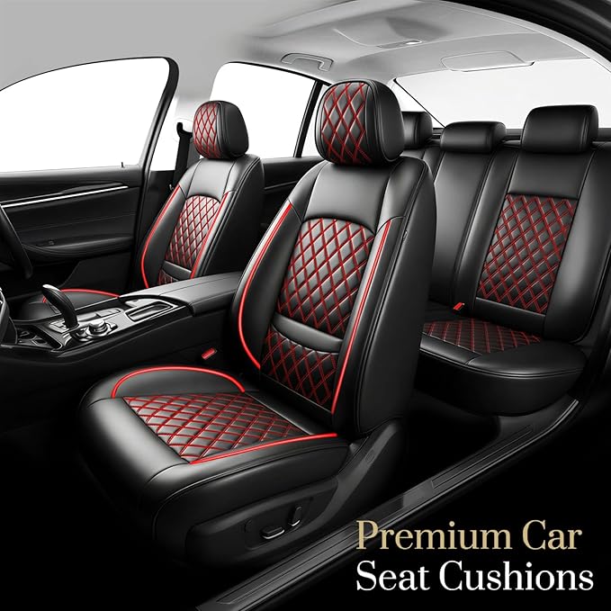 Fit Elantra Car Seat Covers for Hyundai Elantra 2017-2025 2026 - Premium Leather, Waterproof, All-Weather, Airbag Compatible, Anti-Slip, Breathable, Seat Protectors, Full Set, Redline