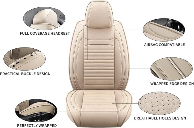 Truck Seat Covers Full Set Fit for Toyota Tacoma 2001-2026, Premium Faux Leather Car Seat Protector,Breathable Anti-Slip Full Wrapping Edge Seat Covers(Beige,Full Set)