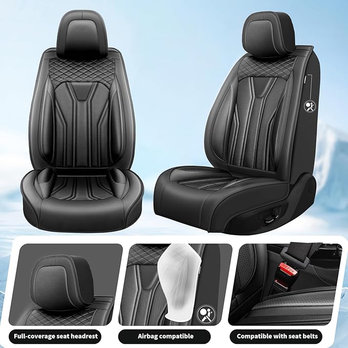 Fit Leaf Car Seat Covers Compatible with Nissan Leaf 2012-2025 2026 - Full Set Premium Leather， Waterproof Breathable， All-Weather Seat Cushion Protecto&Airbag Compatible （All Black