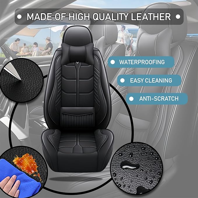 Leather Car Seat Covers Fit for Toyota Sequoia 2001-2024, 5 Seater Car Seat Cover, Premium Waterproof, Scratch Resistant Car Interior Accessories (Full Set with Pillow Black)