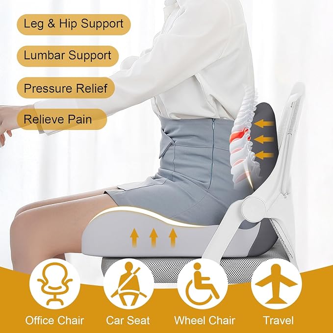 Car Seat Cushion for Long Driving, Ergonomic Memory Foam Seat Cushion, Car Seat Cushion for Back Pain and Lumbar Support Non Slip and Easy Clean for Driving Gaming Chair and Travel A Dark Gray