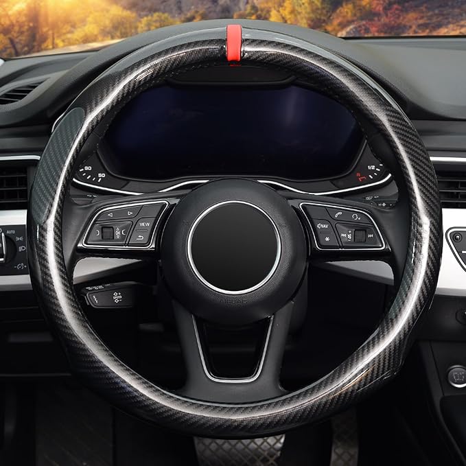 ZHOL Carbon Fiber Steering Wheel Cover, Universal Standard Size 14.5-15 inch Fashion Sport Auto Car Steering Wheel Accessories for Men, Black