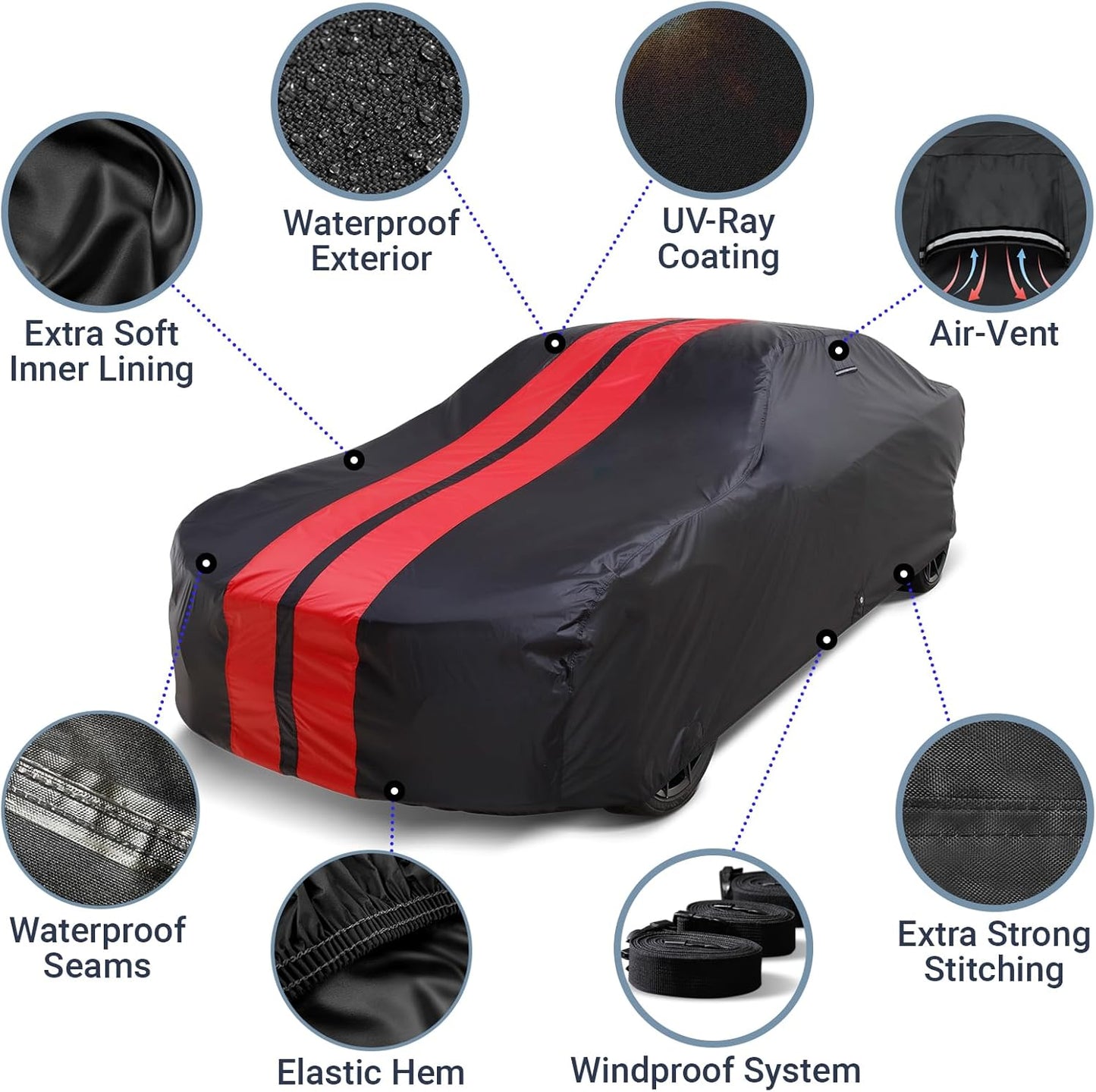 iCarCover Custom Car Cover for Chevy Business Coupe (1939-1941) Waterproof All Weather Rain Snow UV Sun Protector Full Exterior Indoor Outdoor Car Cover (Stripe - Black/Red)