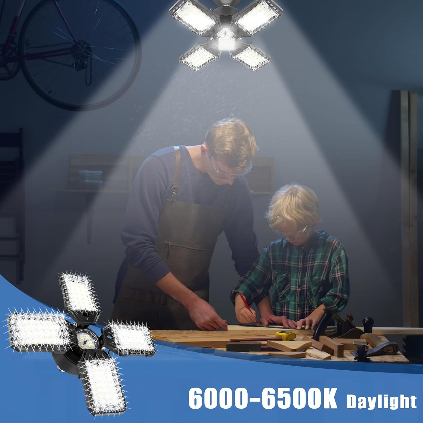 LED Garage Lights 4 Pack -120W, 12000LM 6500K Led Shop Light with 4+1 Deformable Panels, Basement Barn Light Garage Ceiling Lights, E26/E27 for Garage, Warehouse, Shop