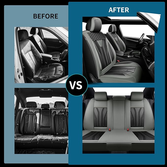 Fit Leaf Car Seat Covers Compatible with Nissan Leaf 2012-2025 2026 - Full Set Premium Leather， Waterproof Breathable， All-Weather Seat Cushion Protecto&Airbag Compatible （Gray & Black